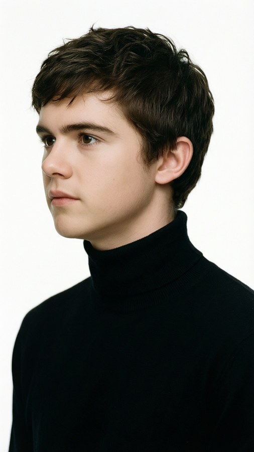 Sauberes minimalistisches Profilporträt von Chris Colfer auf weißem Hintergrund.