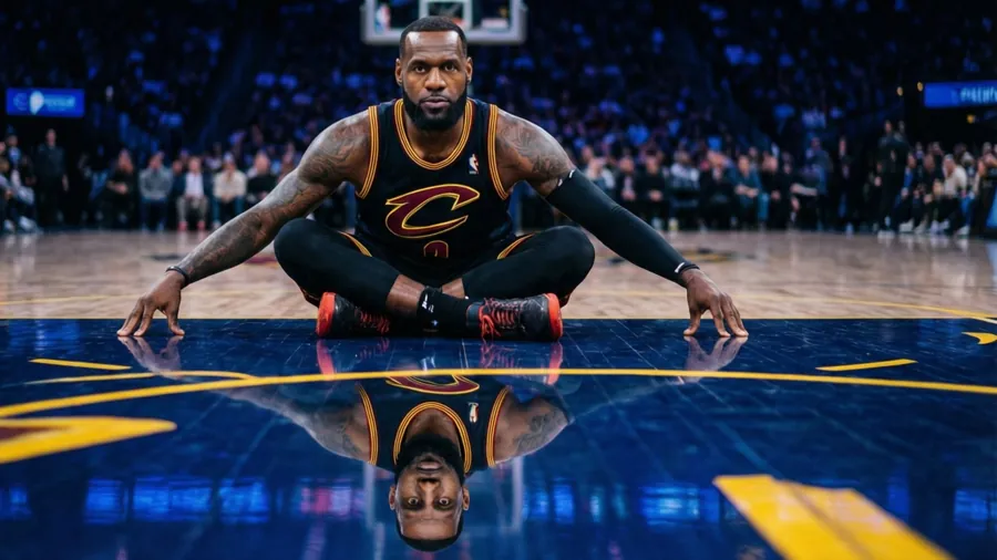 Symmetrical reflection of Lebron James on court in Cavs jersey.