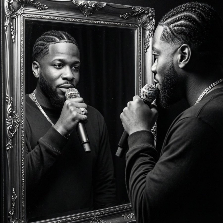 Artistic black and white mirror portrait of Fetty Wap.