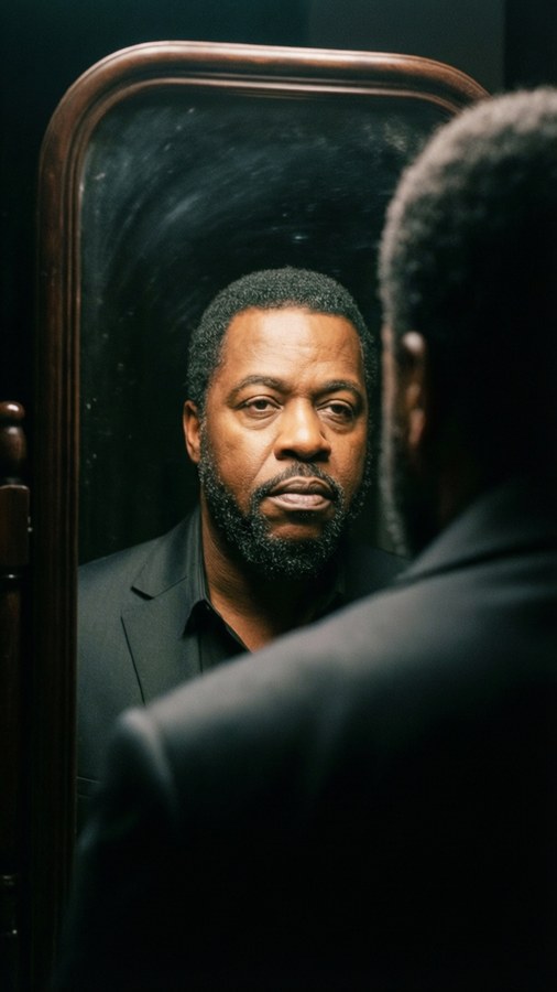 The Temptations looking into a mirror with a single spotlight, introspective mood