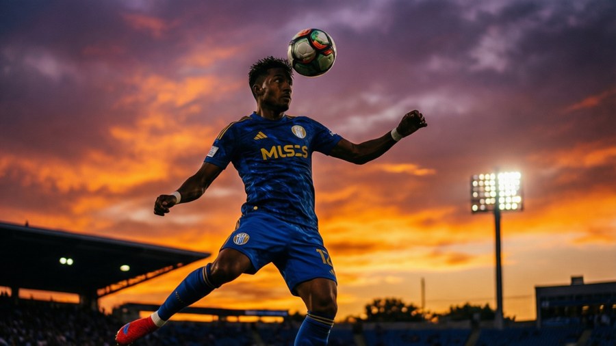 Silhouette of a player heading a ball at sunset in an MLS stadium.