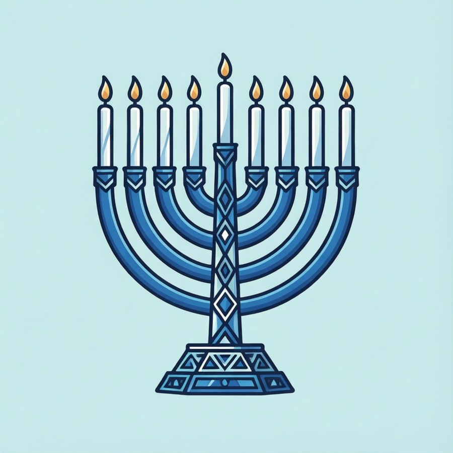 Eine schlanke, moderne Menora-Illustration in Blau und Weiß mit geometrischen Mustern.