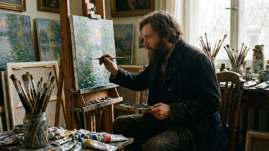 Claude Monet työssä ateljeessaan maalausten ympäröimänä