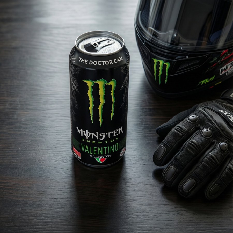 Flat lay of Monster Energy The Doctor can with racing gear.