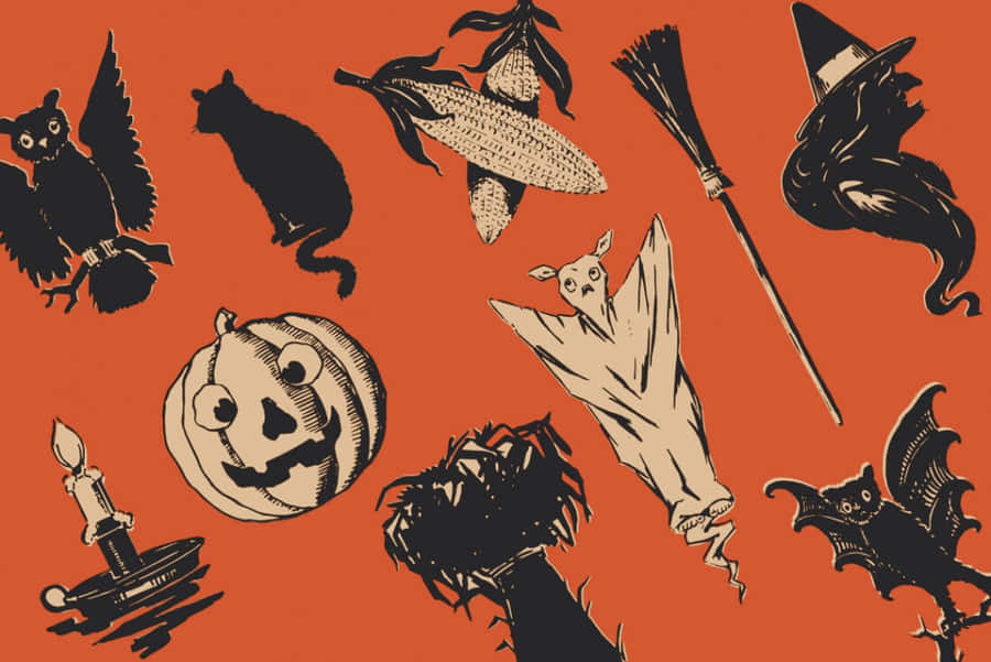 Ícones de Halloween Retrô com Fundo Laranja
