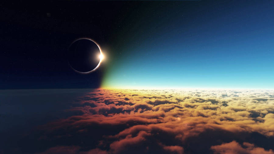 Moon eclipse above the clouds with sunshine. Moon and sun collides resulting to eclipse.