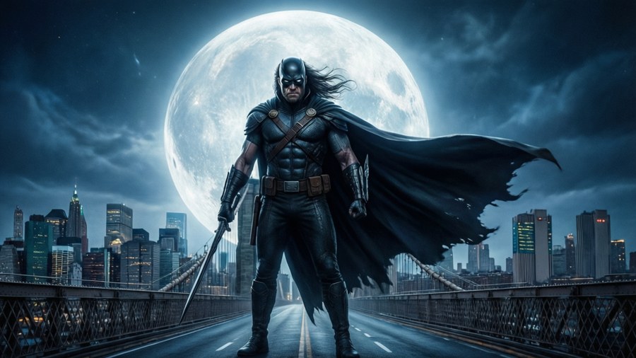 Prowler standing on a bridge under a massive moon.