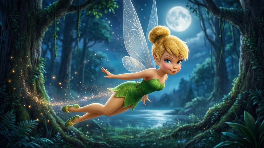 Tinker Bell glisse à travers une forêt nocturne magique avec de la poussière lumineuse.