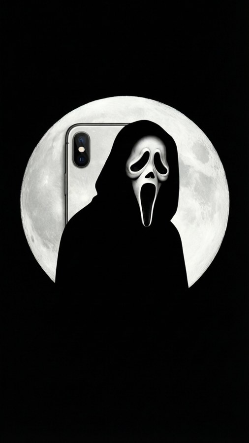 Minimalist silhouette of Ghostface with iPhone-shaped moon