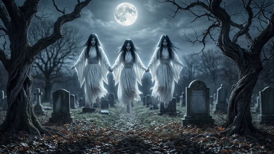 Três espíritos yurei flutuam juntos sobre um cemitério sob uma lua cheia.