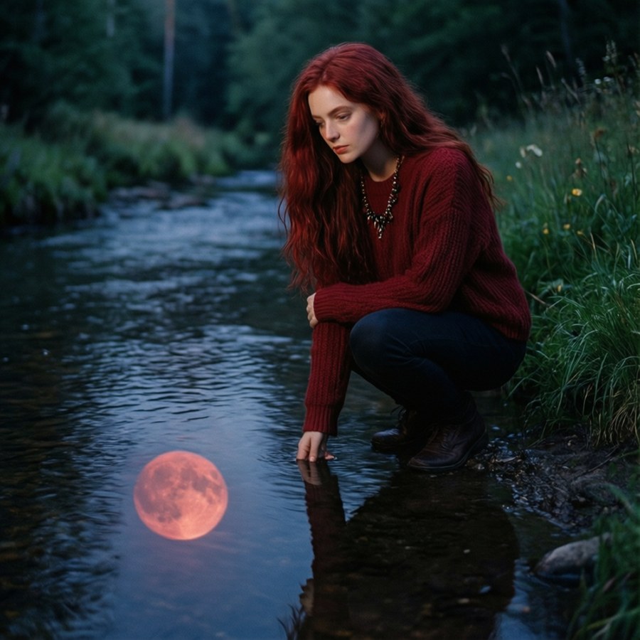 Elsie Crimson kneels by a stream under a red moon.