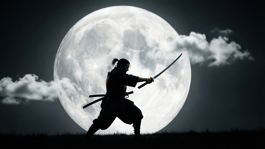 Ninja warrior in combat stance holding sword under full moon