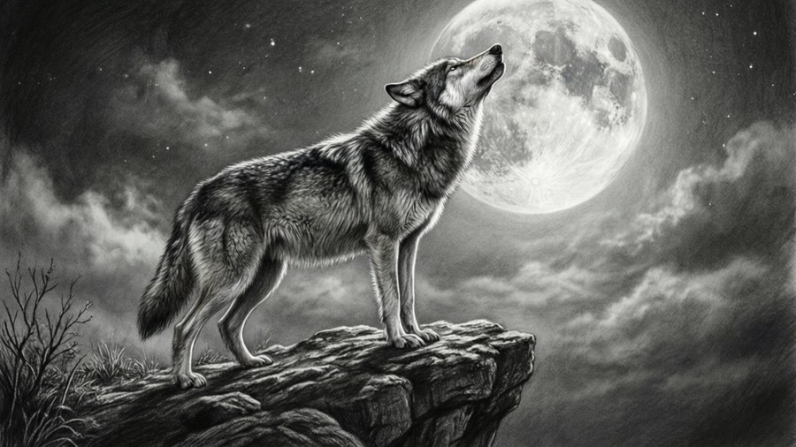A moody graphite drawing of a wolf howling at the moon.