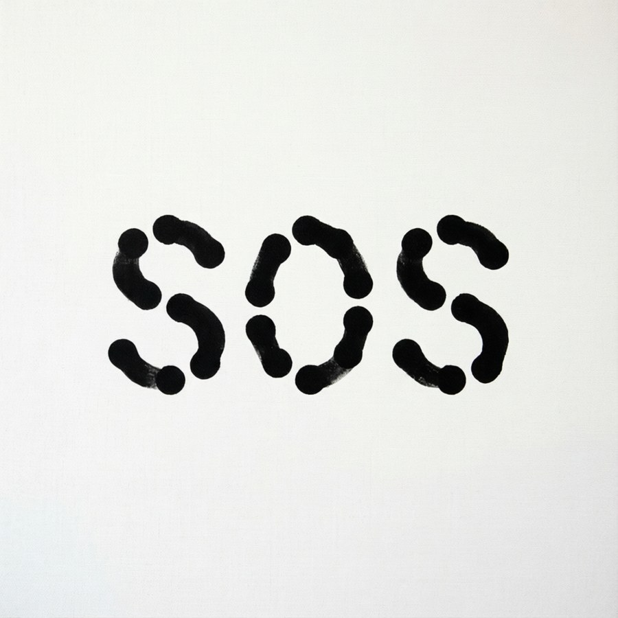 Minimalist SOS in Morse code dots and dashes on clean white background