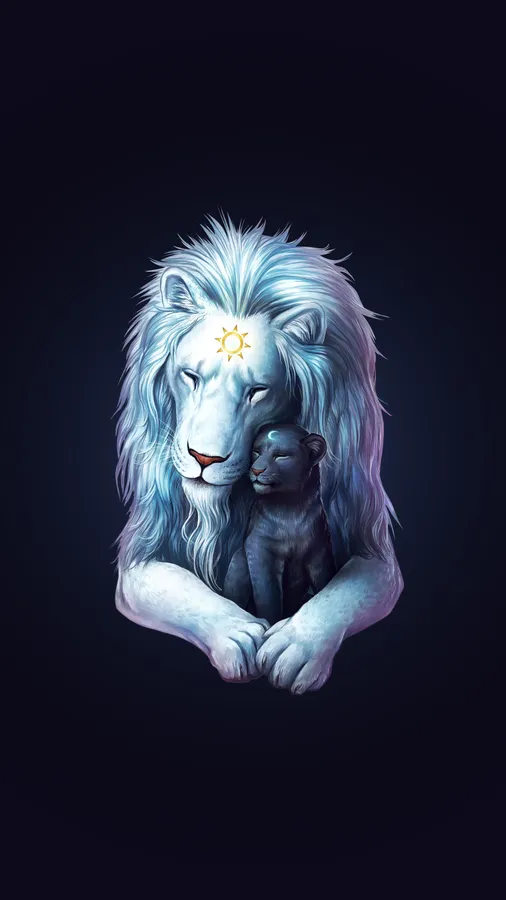 An adorable galaxy lion wallpaper displaying a lion and a cub with galaxy moon and star signs on their foreheads.