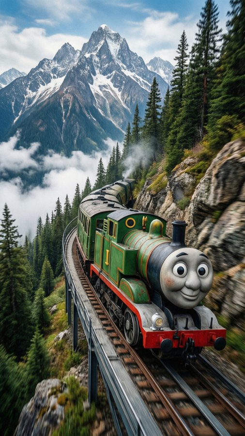 The Dinosaur Train climbs a steep mountain track with snowy peaks.