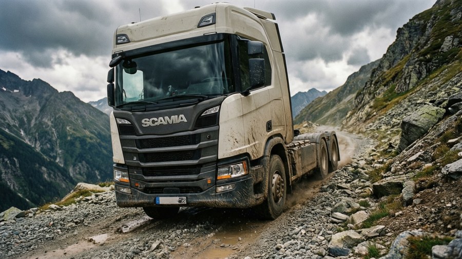 Scania XT truck climbing a rocky mountain pass, rugged off-road action.