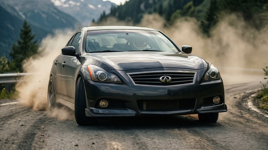 Infiniti G37 drifting on a mountain road