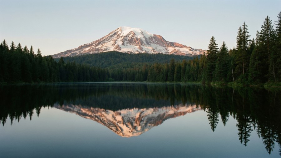 A perfectly symmetrical wallpaper of a mountain reflected in a still lake at golden hour.