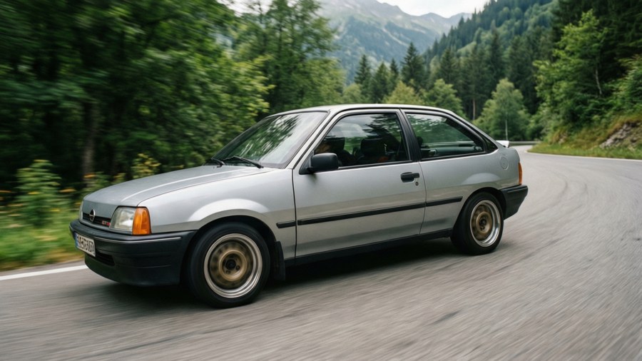 Silver Opel Kadett E GSI drifting on mountain road, motion blur.