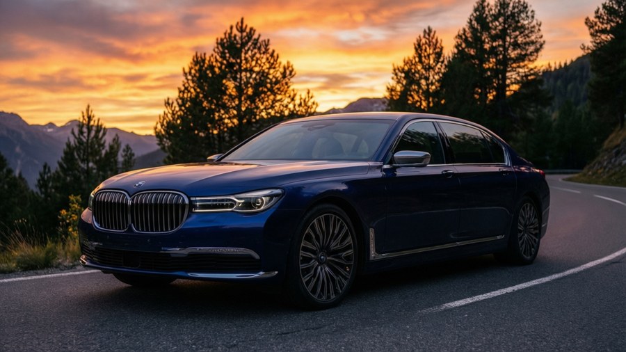 Blue BMW 7 Series on a mountain road at sunset, low angle front quarter.