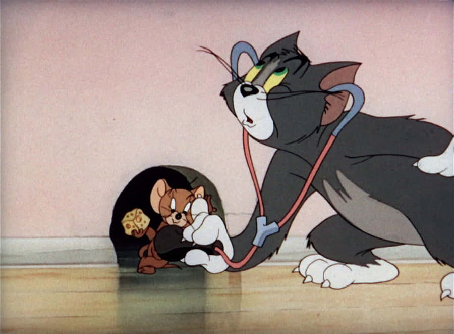 Engraçadaimagem do Tom e Jerry verificando o batimento cardíaco.