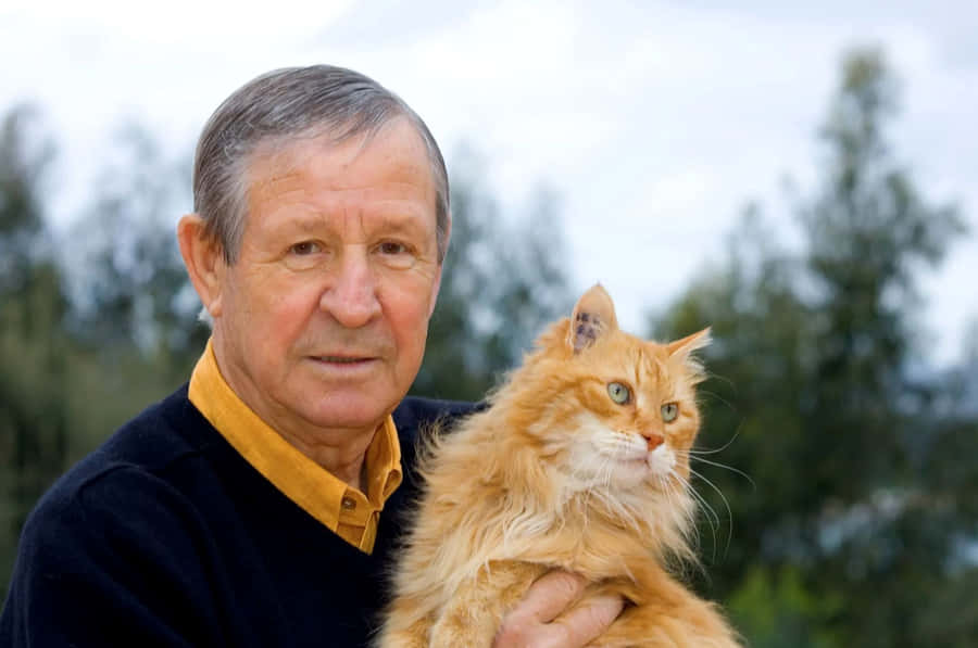 Eldre Mann med Oransje Katt