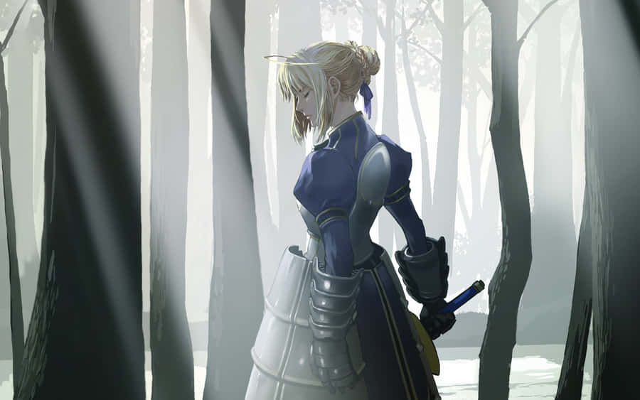 SaberFate Stay Night i skogen - This translates to "Saber Fate Stay Night in the woods" in Swedish, which would be appropriate for a computer or mobile wallpaper featuring the character Saber from Fate Stay Night set in a woodland setting.
