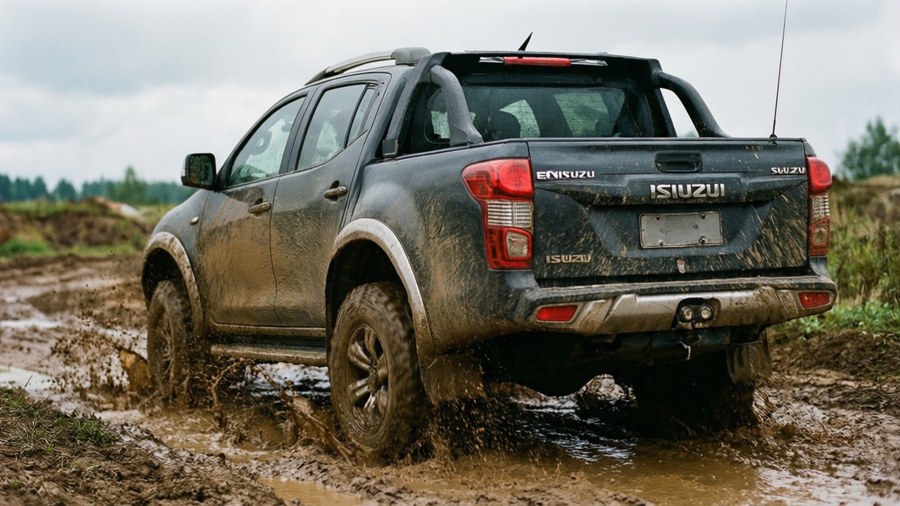 Isuzu Mu-X tearing through a muddy track.