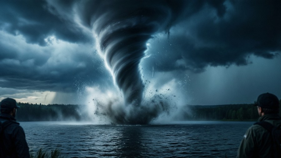 A multi-vortex tornado over a lake, waterspout, with storm chasers watching.