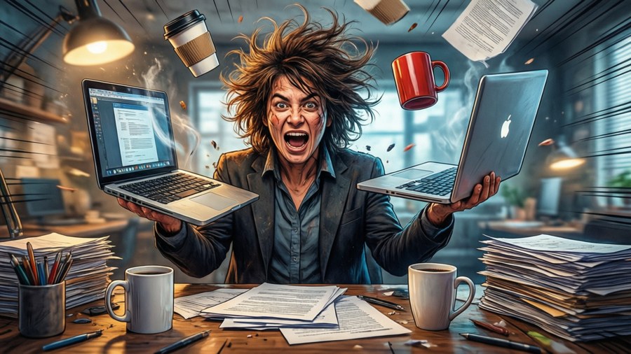 Meme wallpaper about multitasking in a chaotic office environment.