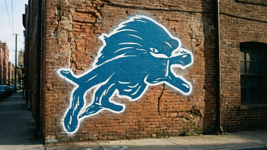 Gaya seni jalanan urban logo Detroit Lions yang dilukis di dinding bata