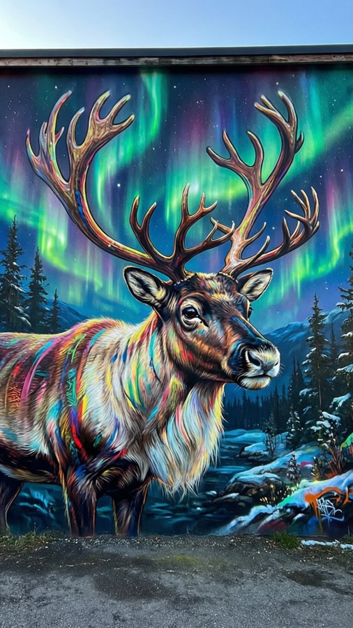 Colorful street art mural in Skellefteå with reindeer and northern lights.