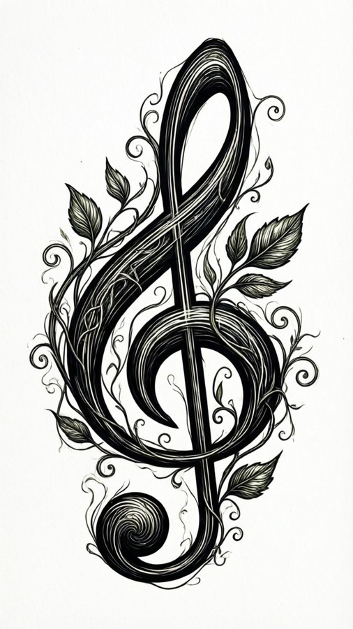 Black line art musical note with vines for wallpapers.