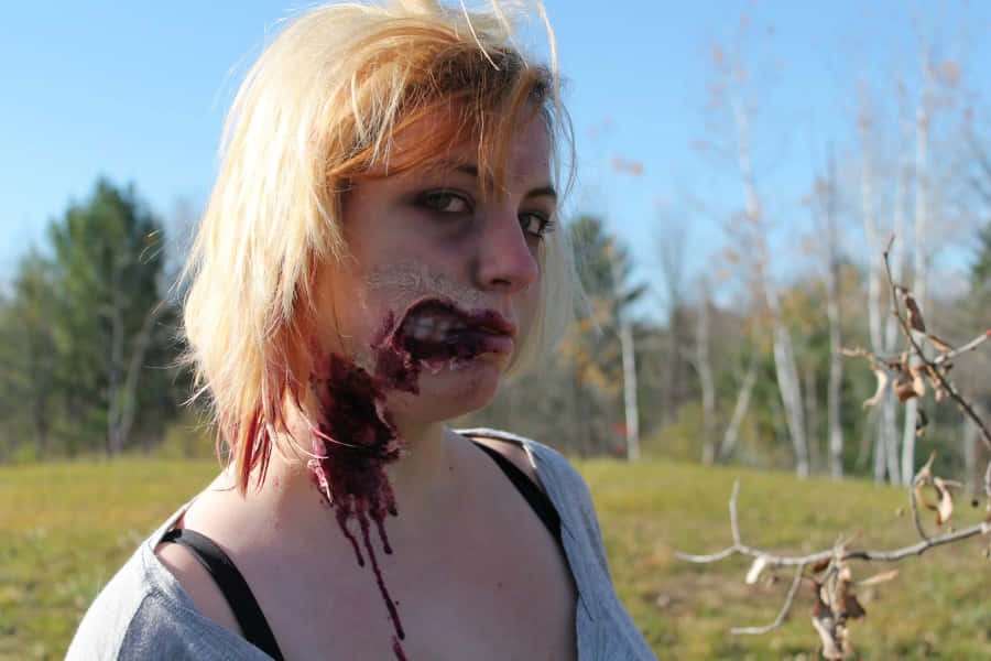 EineFrau mit Blut im Gesicht.