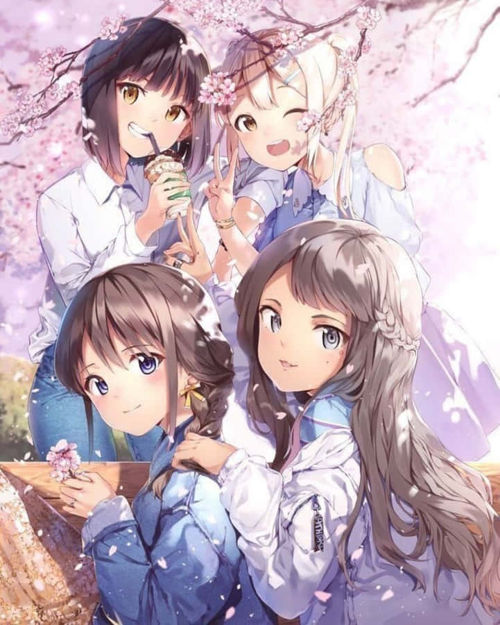 Bedstevenner anime piger under kirsebærblomst træbillede