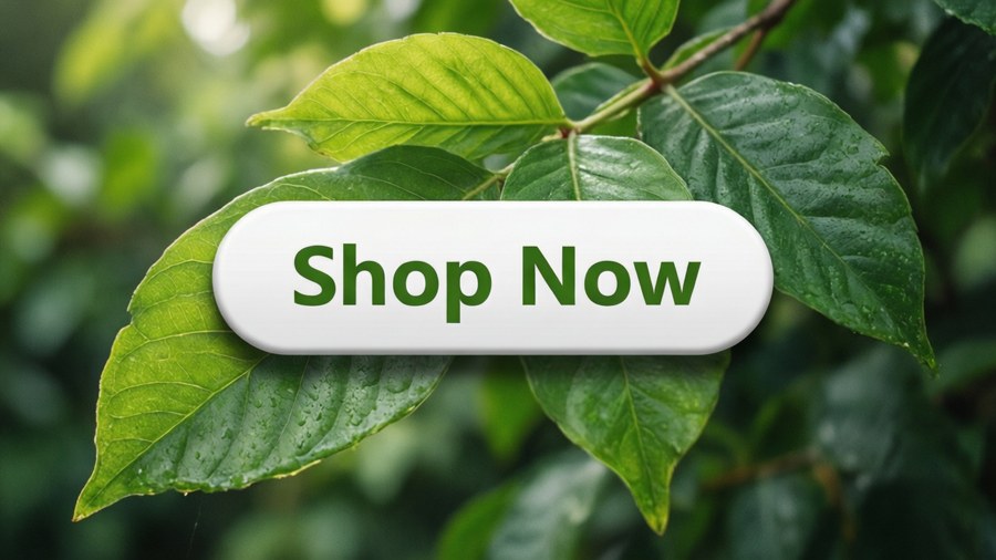 Um botão Shop Now branco entre folhas verdes, estilo orgânico fresco.