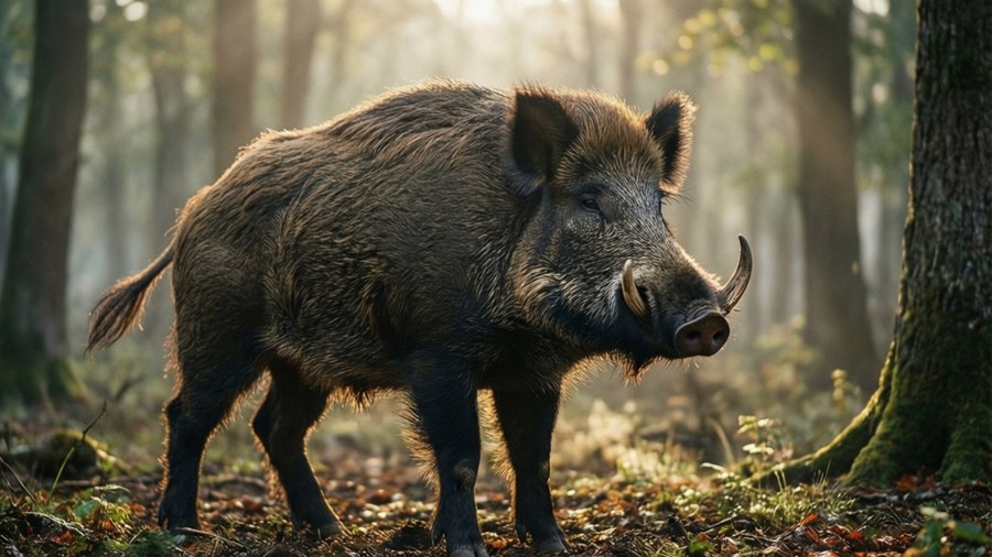 Ein Wildschwein steht majestätisch in einem nebligen Wald bei Tagesanbruch, gebadet in goldenem Sonnenlicht.