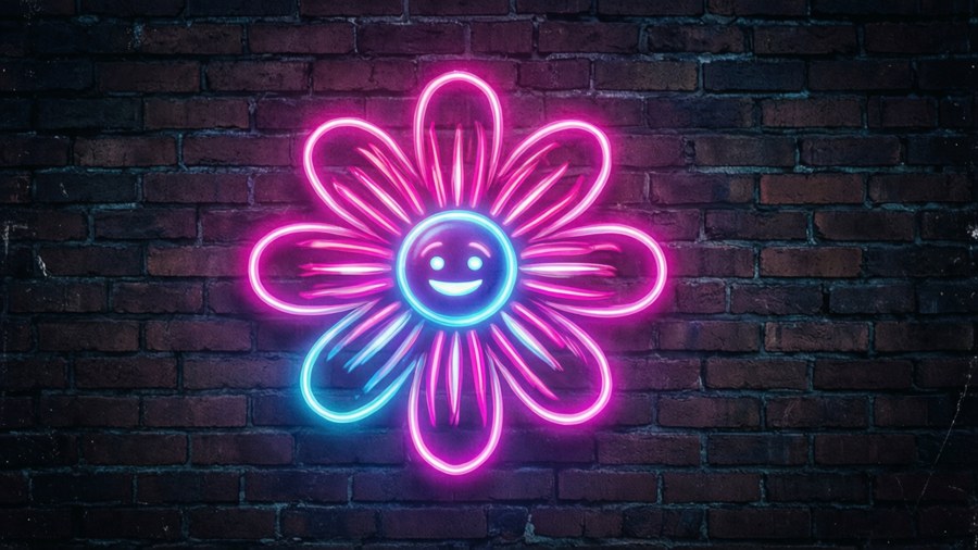 Een cyberpunk-achtergrond met een neon gloeiende bloem-emoji op een bakstenen muur.