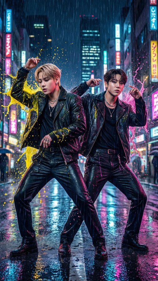 J-Hope and Jimin Tinytan dancing under neon city lights in the rain.