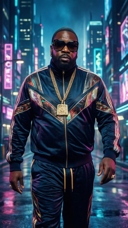 Big Boi styled in a cyberpunk aesthetic with neon lights.