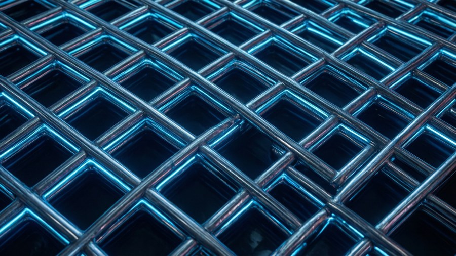 Metallic grid with neon blue glowing edges