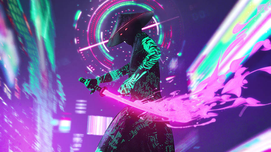 Neon Lights Samurai With Katana Wallpaper