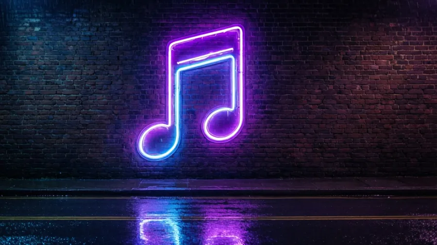 Cyberpunk neon music note sign on a wet dark street.