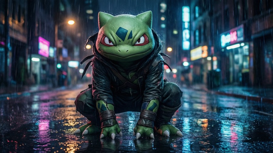 Ash Greninja in a cyberpunk city rain, sneaking through neon lights.