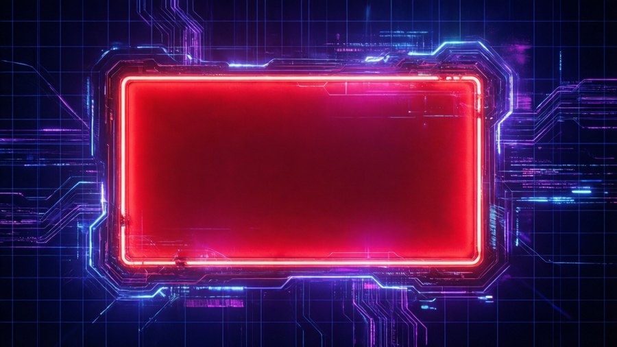 A neon glowing red rectangle in a cyberpunk dark blue background.