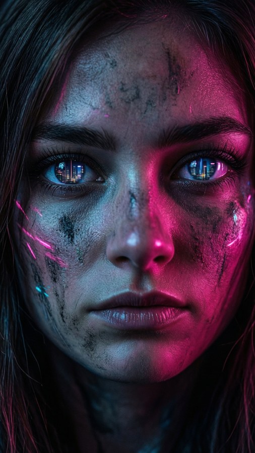 Close-up of Ela with neon city lights reflecting in her eyes.