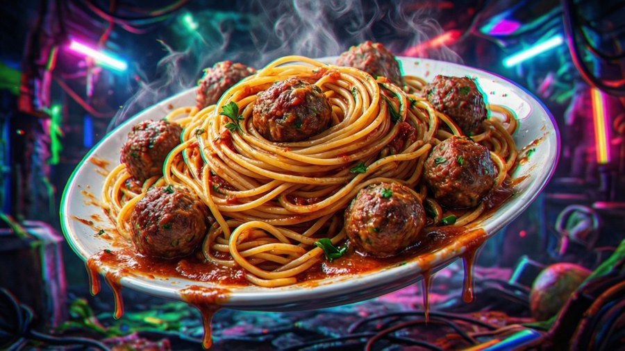 Surreal spaghetti and meatballs floating in a neon cosmic void, Italian brainrot style.