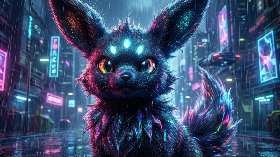 A cyberpunk-themed Zigzagoon under neon lights in a futuristic city.