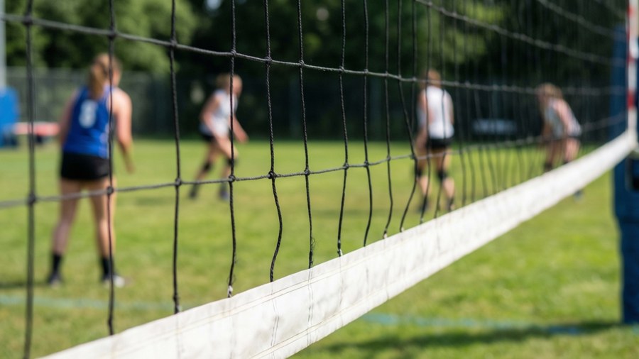 A macro view of the volleyball net with a blurred background.
